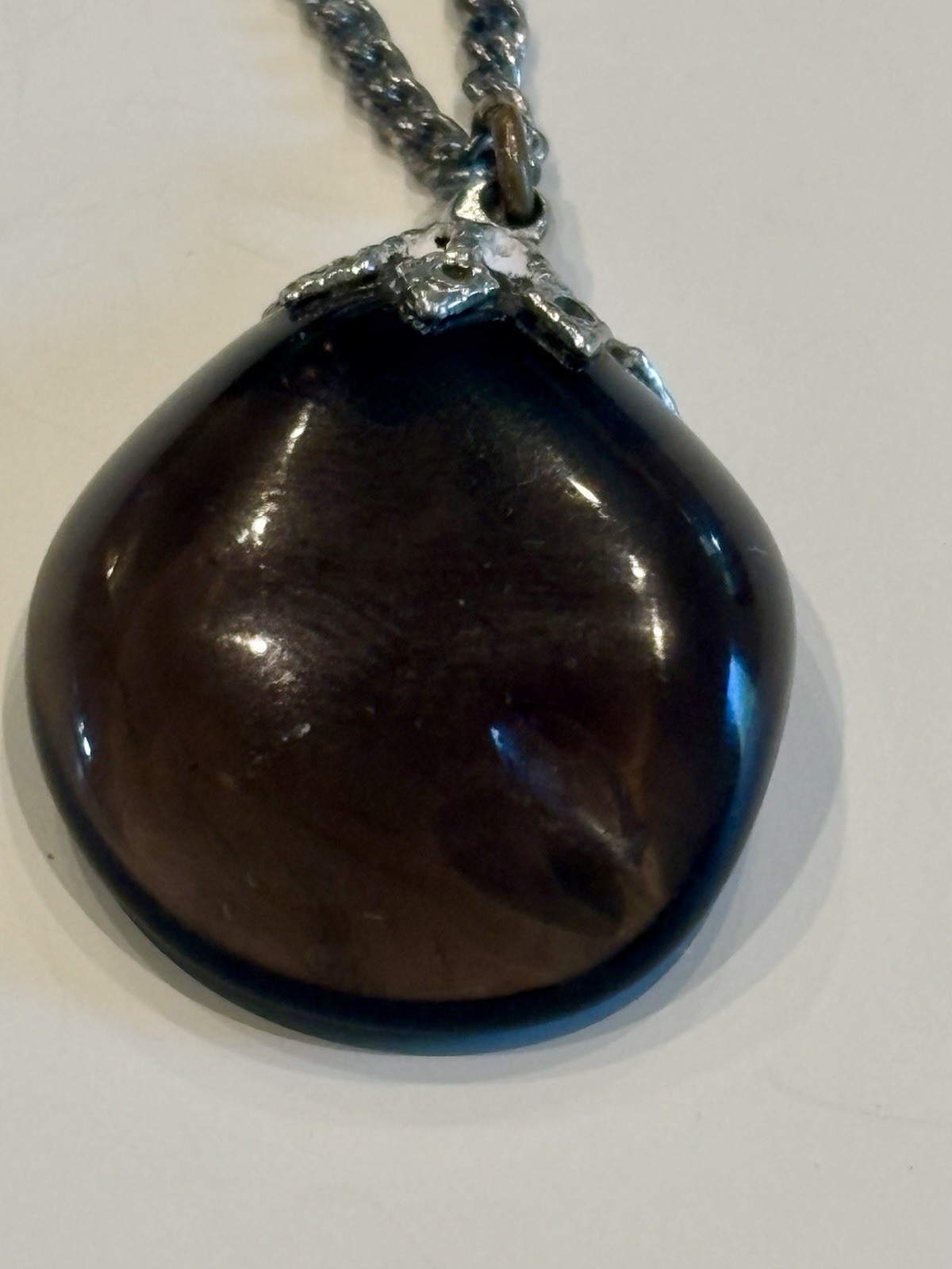 Vintage Brown Cabochon Pendant Necklace Silver Tone Large Statement Stone