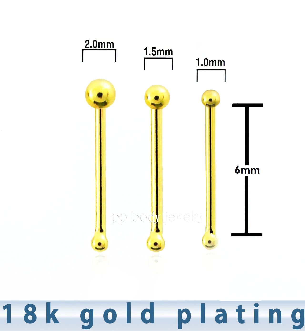 2pcs. 18K Gold Plated 925 Sterling Silver Nose Bone 22G 1mm 1.5mm 2mm Ball Top
