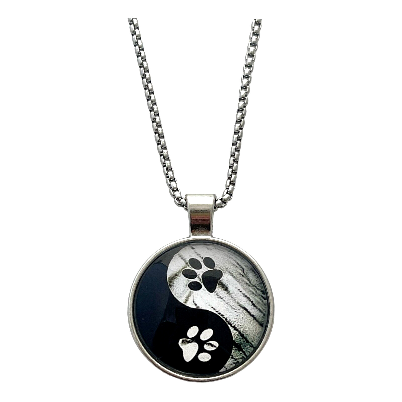 Yin Yang Paw Prints Necklace Glass Cabochon Stainless Steel 24 Inch Link Chain