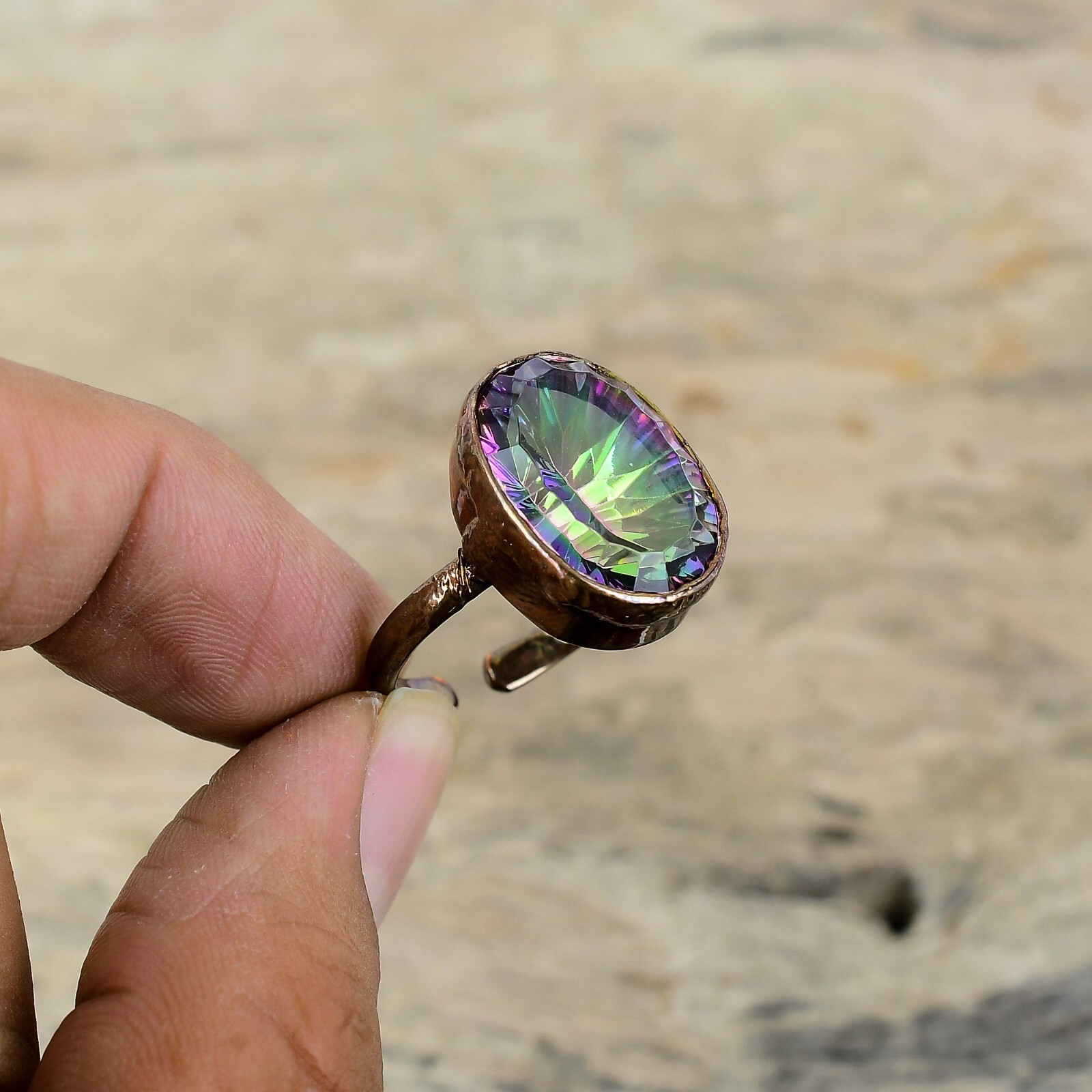 Rainbow Mystic Topaz Electroformed Adjustable Ring Size Adjustable Copper