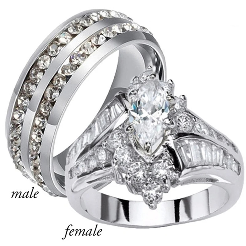 Stainless Steel Ring Marquise Cut Crystal Two Row Wedding Band Women Jewelry