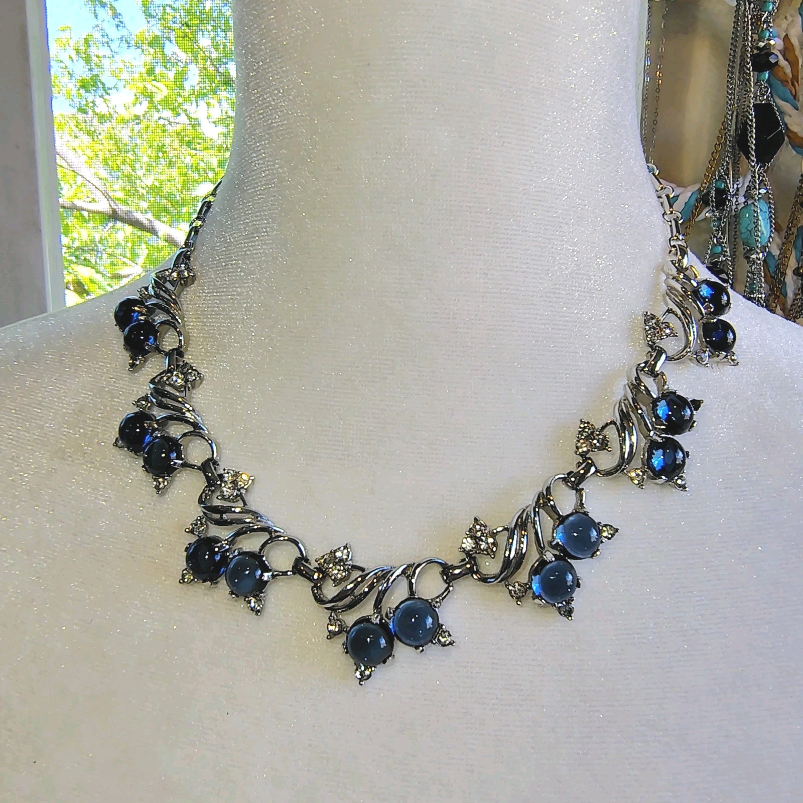 Vintage Blueberry Tutti Fruitti Cabochon & Clear Rhinetone Necklace Silver Toned
