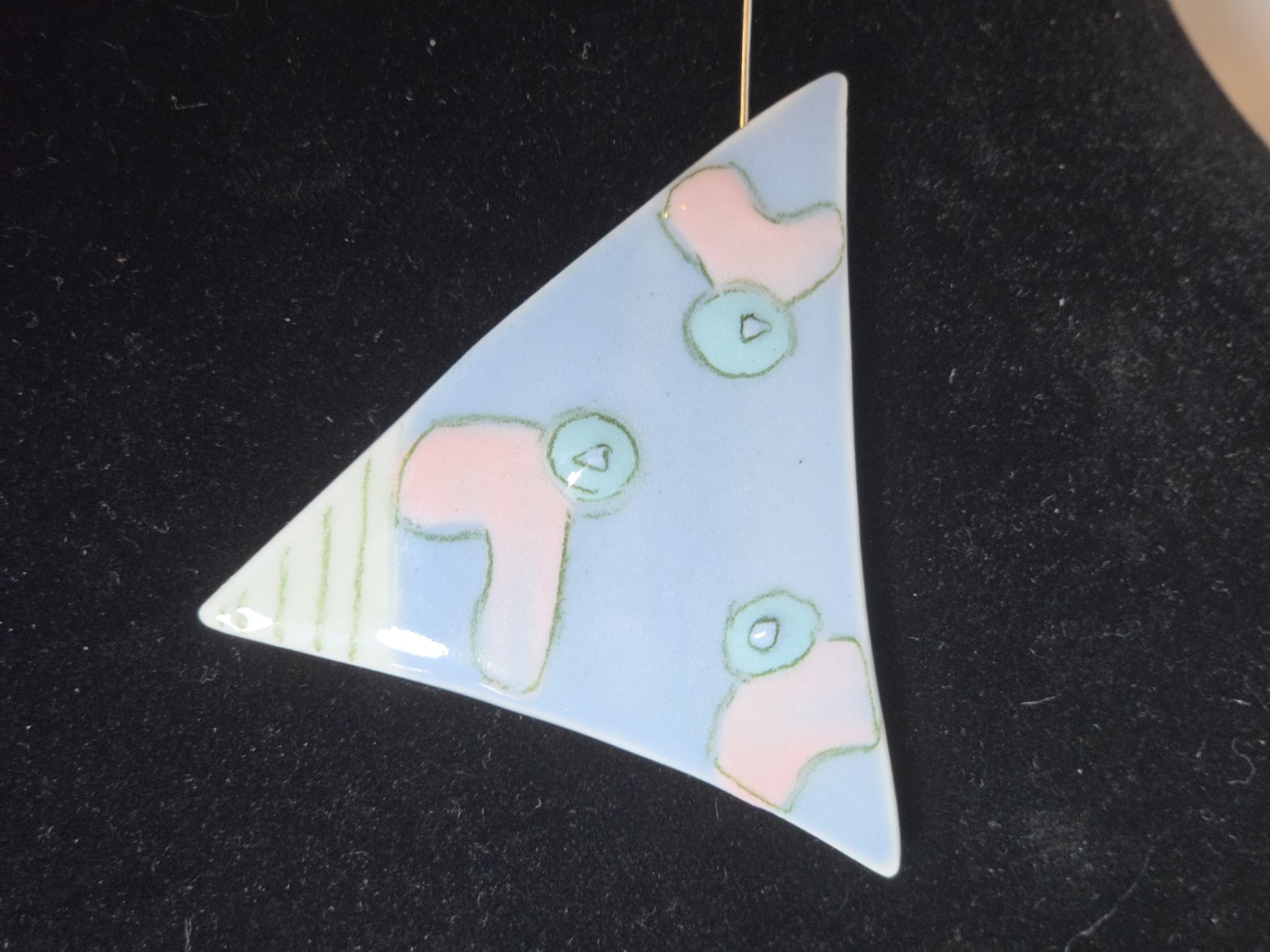 Vintage Triangle Ceramic Enamel Brooch Pin Abstract Design Blue Pink White Green
