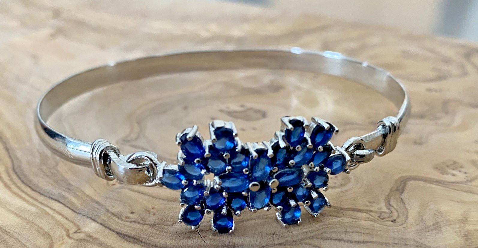 Blue Tanzanite Glass Floral Bangle Bracelet, 925 Sterling Silver, 2.8 in W