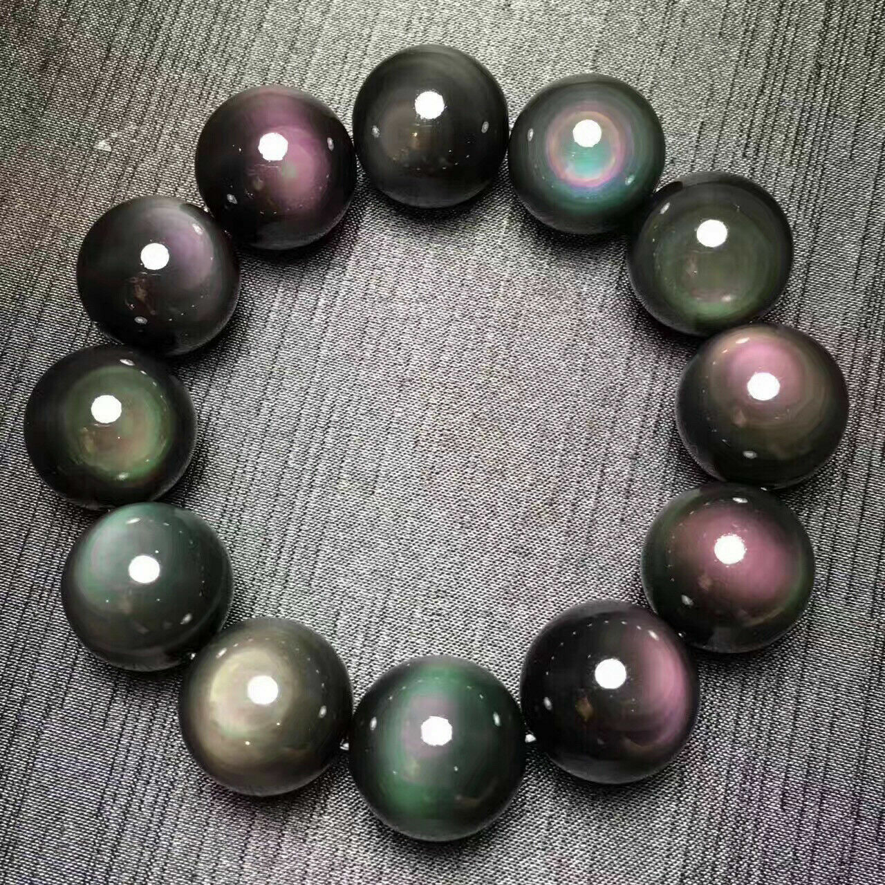 100% Natural 14mm Rainbow Obsidian Round Gemstone Beads Bracelet 7.5″
