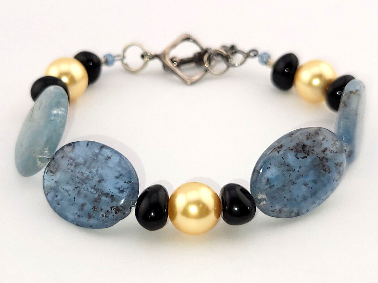 2cm Labradorite Polished Stone Bead Glass Pearl Sterling Toggle Clasp Bracelet
