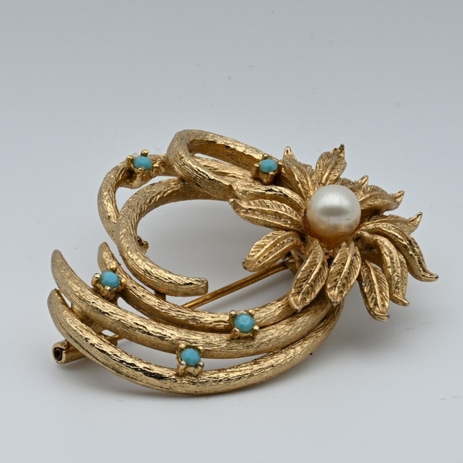 Vintage Gold-Tone Flower Brooch Faux Pearl Turquoise Accents Pin France 1950s