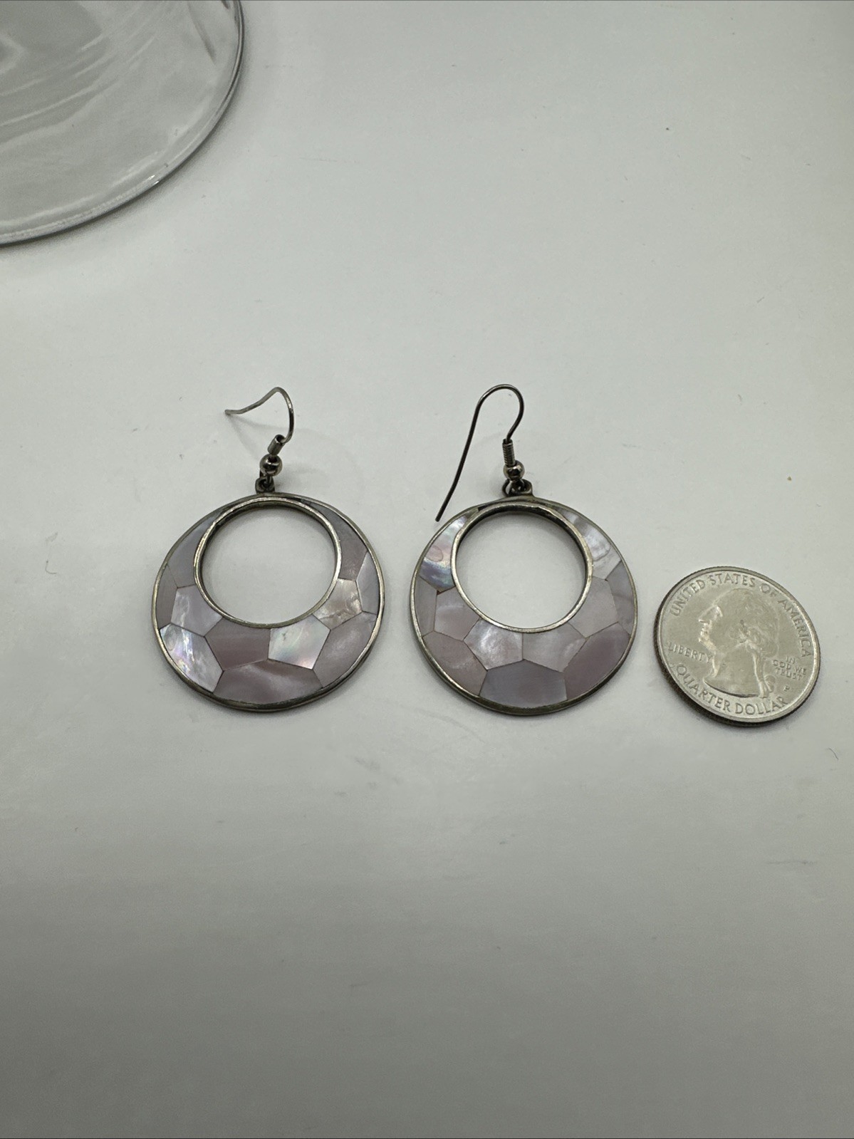 Vtg Mexico Alpaca Silver Shell Earrings Pink White Beige Mother of Pearl Dangle