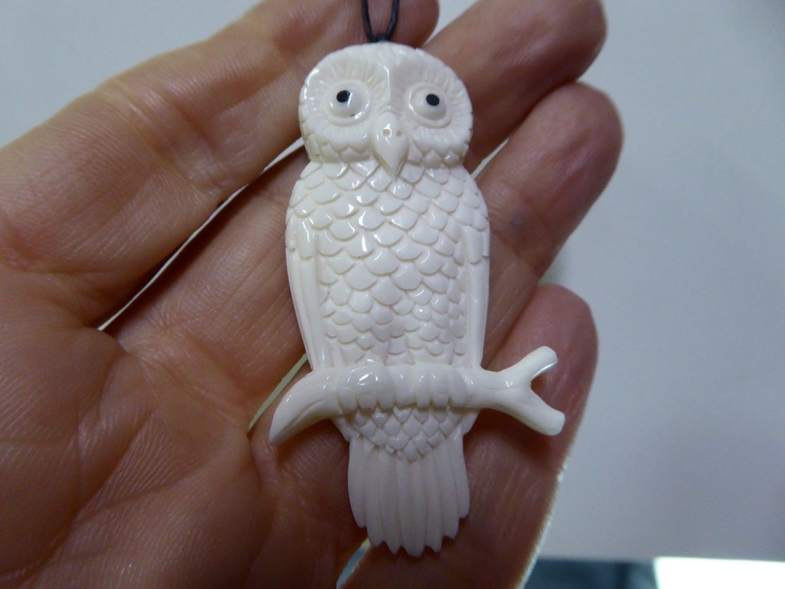 Owl On A Branch Handmade White Water Buffalo Bone Pendant With Cord Necklace