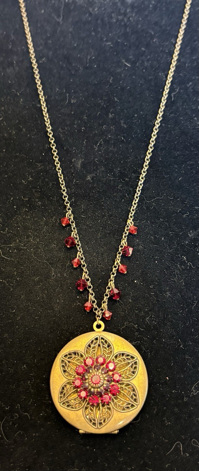 Liz Palacios SF Perfume Locket Necklace Brass Red Jeweled Filigree Scent Pendant