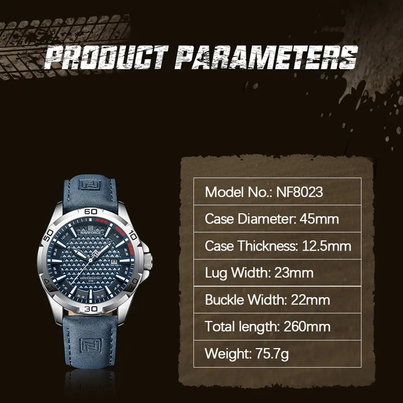 NAVIFORCE NF8023 Men’s Quartz Watch Leather Strap Calendar 30M Waterproof