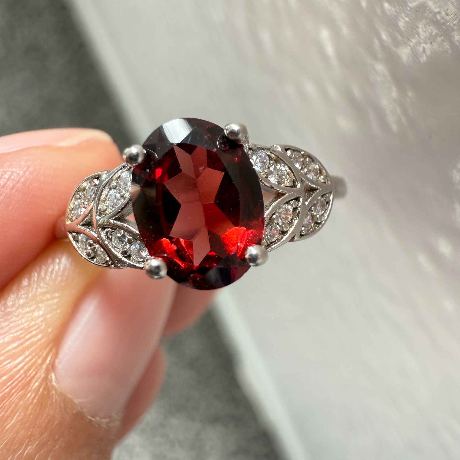 925 Sterling Silver Ring 8x6mm Natural Rhodolite Garnet Gemstone Zircon Flower
