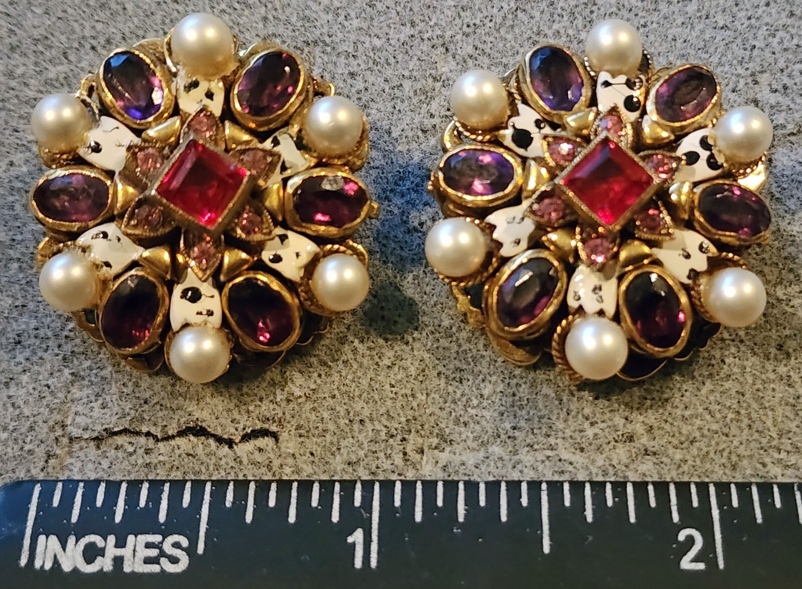 RARE Vintage Earrings w/ Amethyst?, Faux Pearls & Stones by R. De Rosa