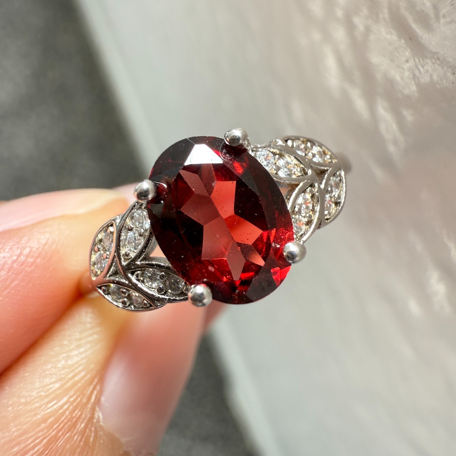 925 Sterling Silver Ring 8x6mm Natural Rhodolite Garnet Gemstone Zircon Flower
