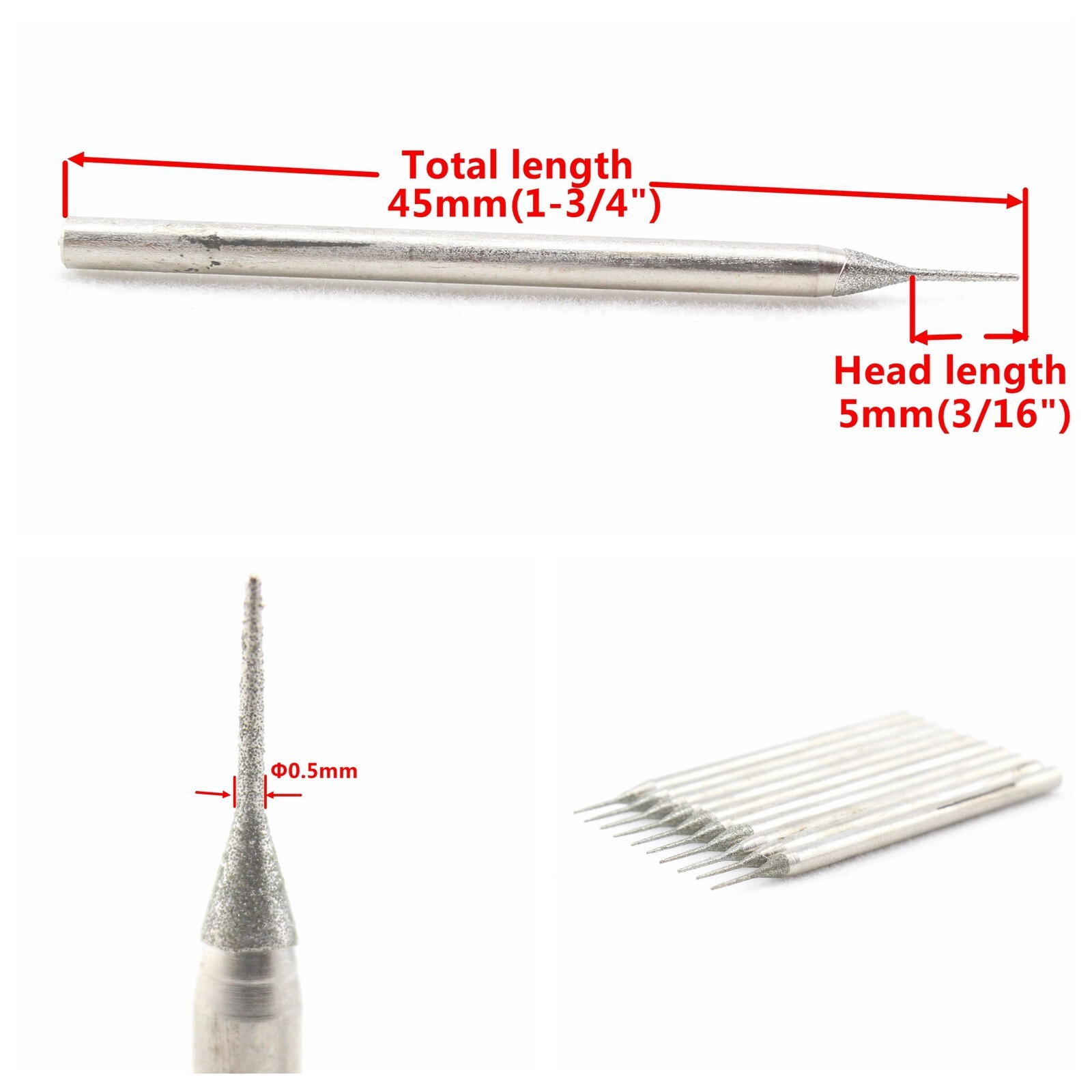 30Pcs 0.5mm Tapered Point Diamond Grinding Bits Burrs Lapidary Tools for Stone