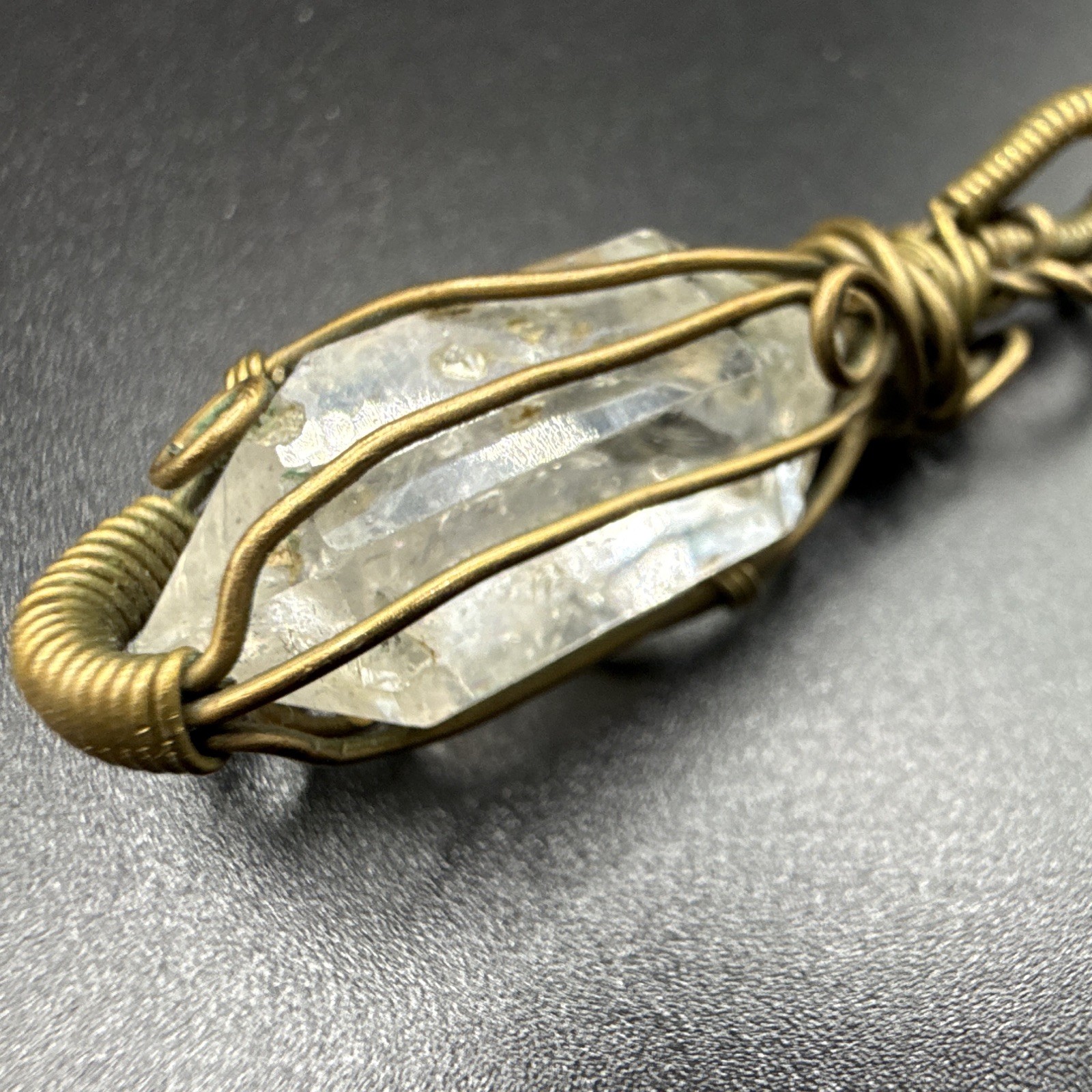 Herkimer Diamond Crystal Charm Pendant Gold Tone Copper.