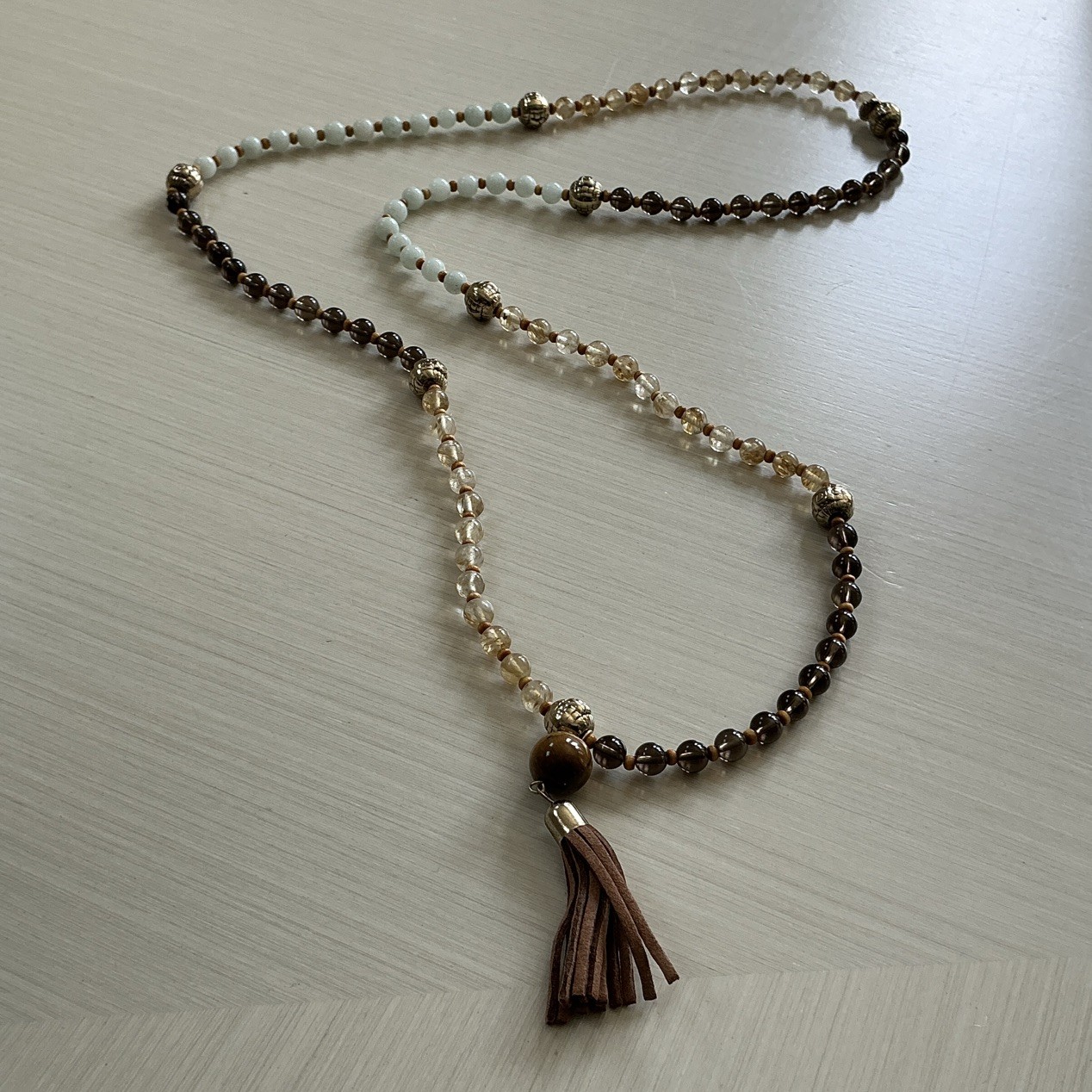 Marlyn Schiff Brown, Beige, Sage Natural Stone Necklace Faux Leather Tassel