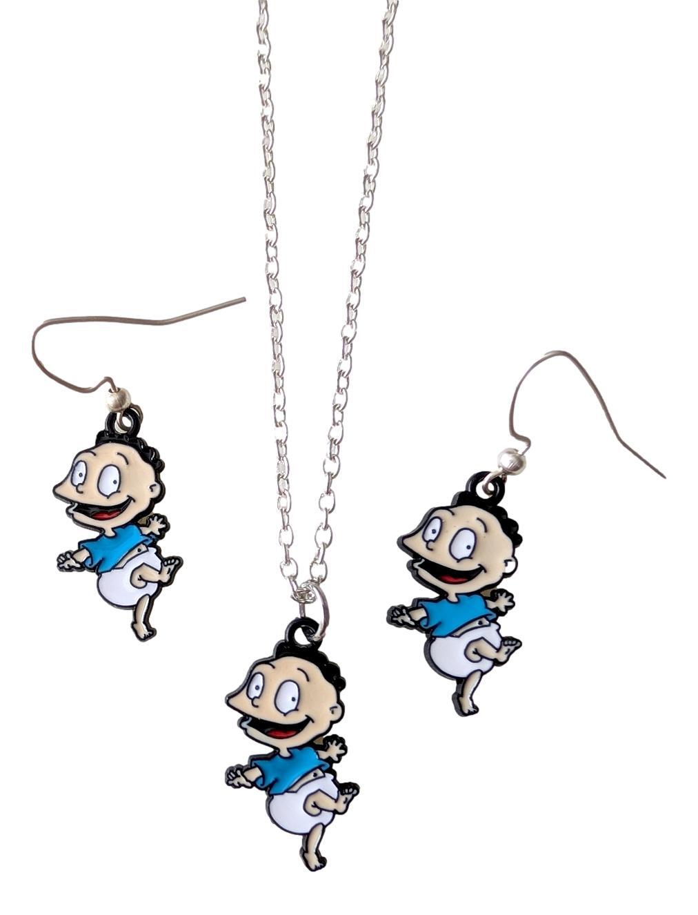 Rugrats Tommy Pickles 1″ Tall Silvertone Necklace & Earring Set