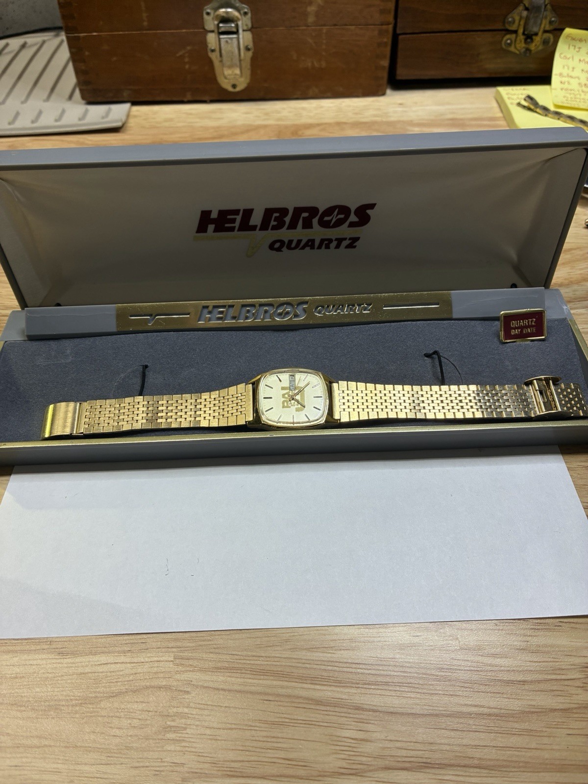 Helbros Quartz Men’s Dress Day/Date Analog Watch Gold Bracelet White Dial Box