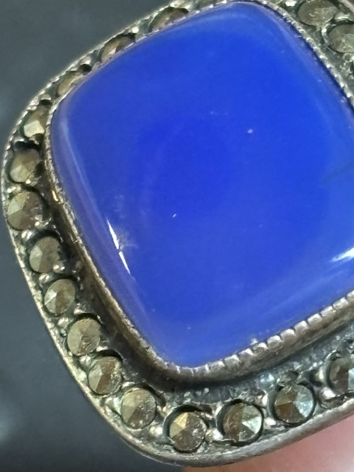 Vintage Sterling Silver Lapis Lazuli Marcasite Statement Ring Sz 3.75