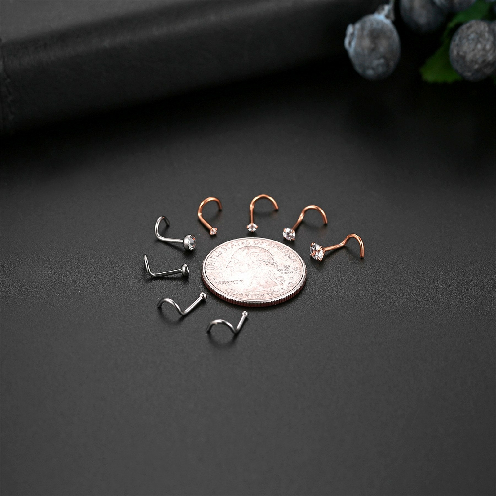 8pcs 18G Surgical Steel Round CZ L-Shaped Nose Screw Studs Rings Body Piercing