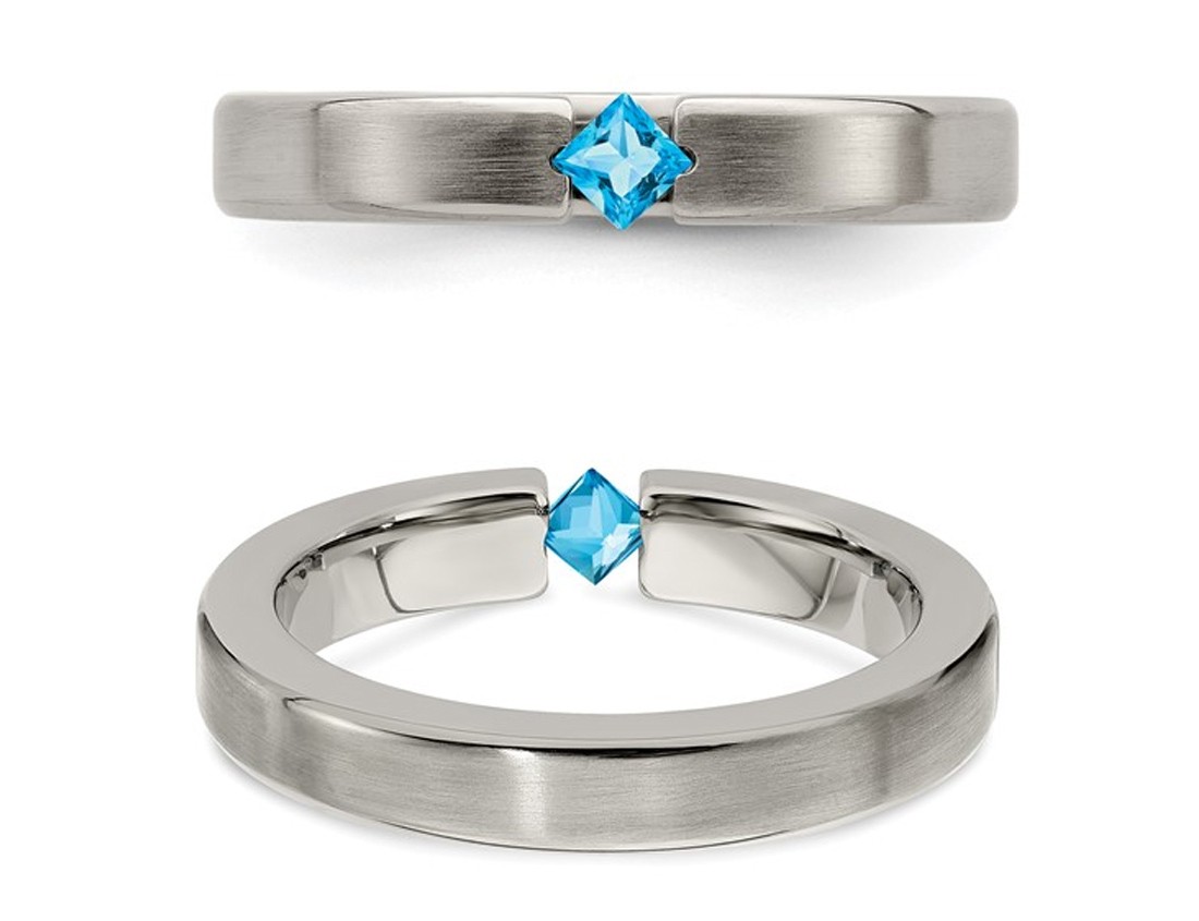 4mm Brushed Titanium Wedding Band Ring with Blue Topaz