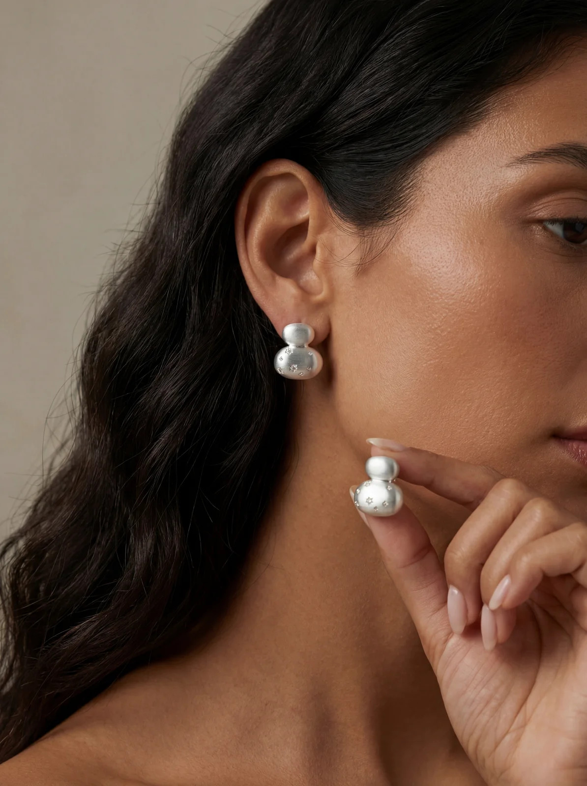 Silver Tone Celestial Gourd Stud Earrings Matte Finish Starburst Crystals