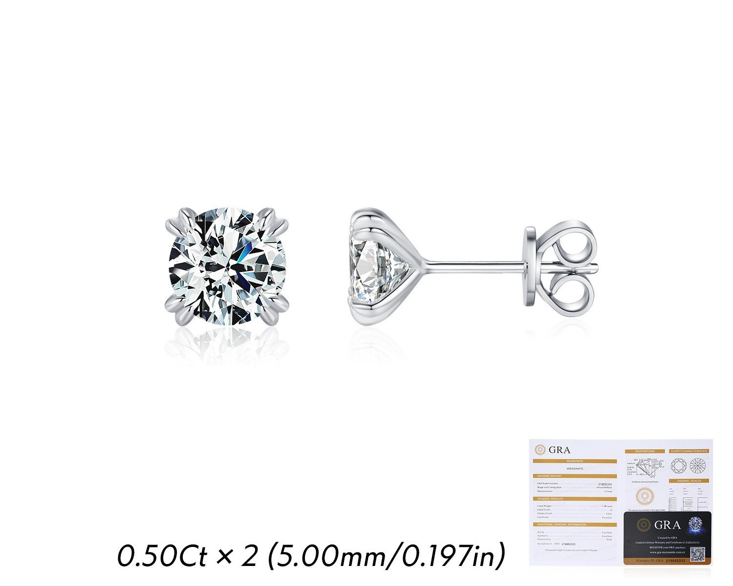 Moissanite Stud Earrings 1-2CTW D VVS1 925 Sterling Silver Push Back GRA