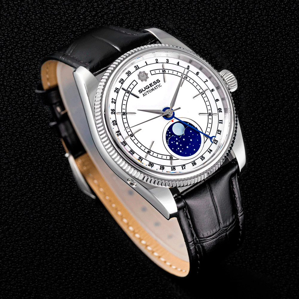Sugess S452 Automatic Steel Black Leather White Moonphase Men’s Watch