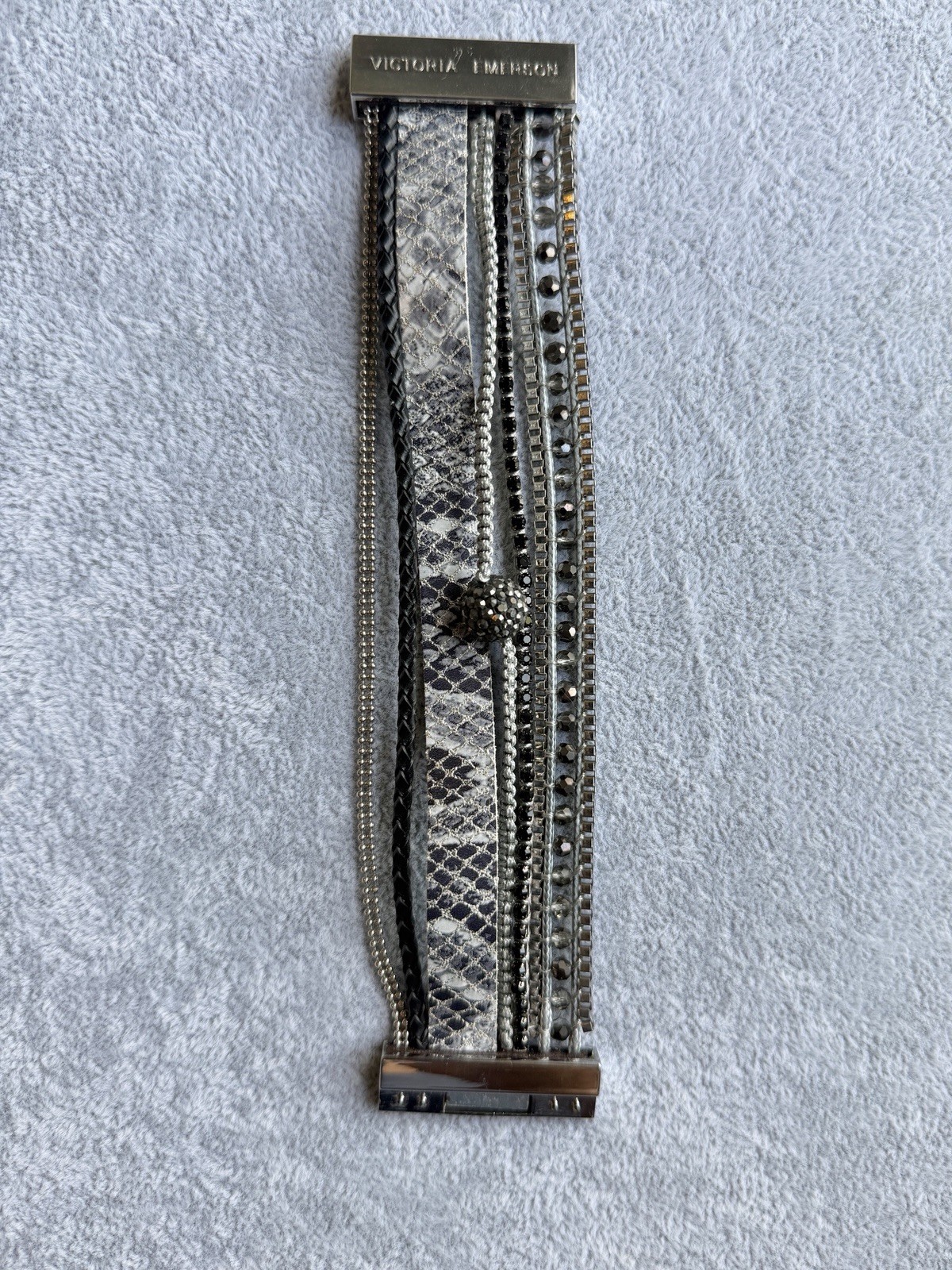 Victoria Emerson Wrap Bracelet Faux Leather Crystal Magnetic Silver/Black