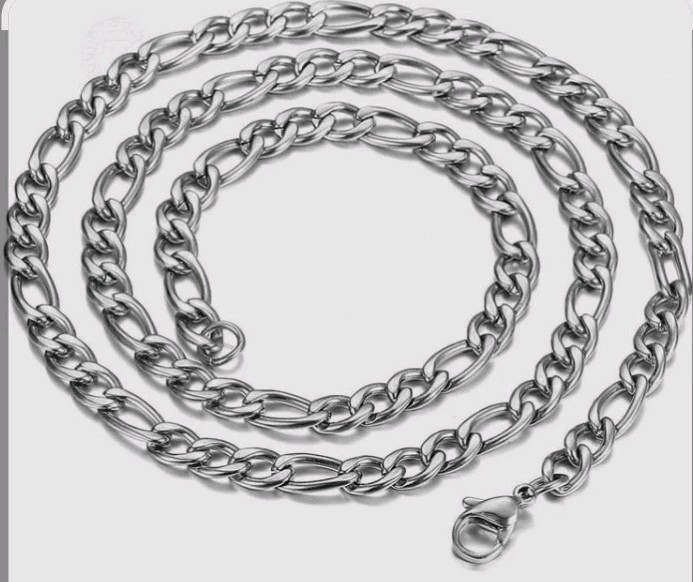 Silver Tone Stainless Steel Figaro Chain Necklace with Lobster Clasp