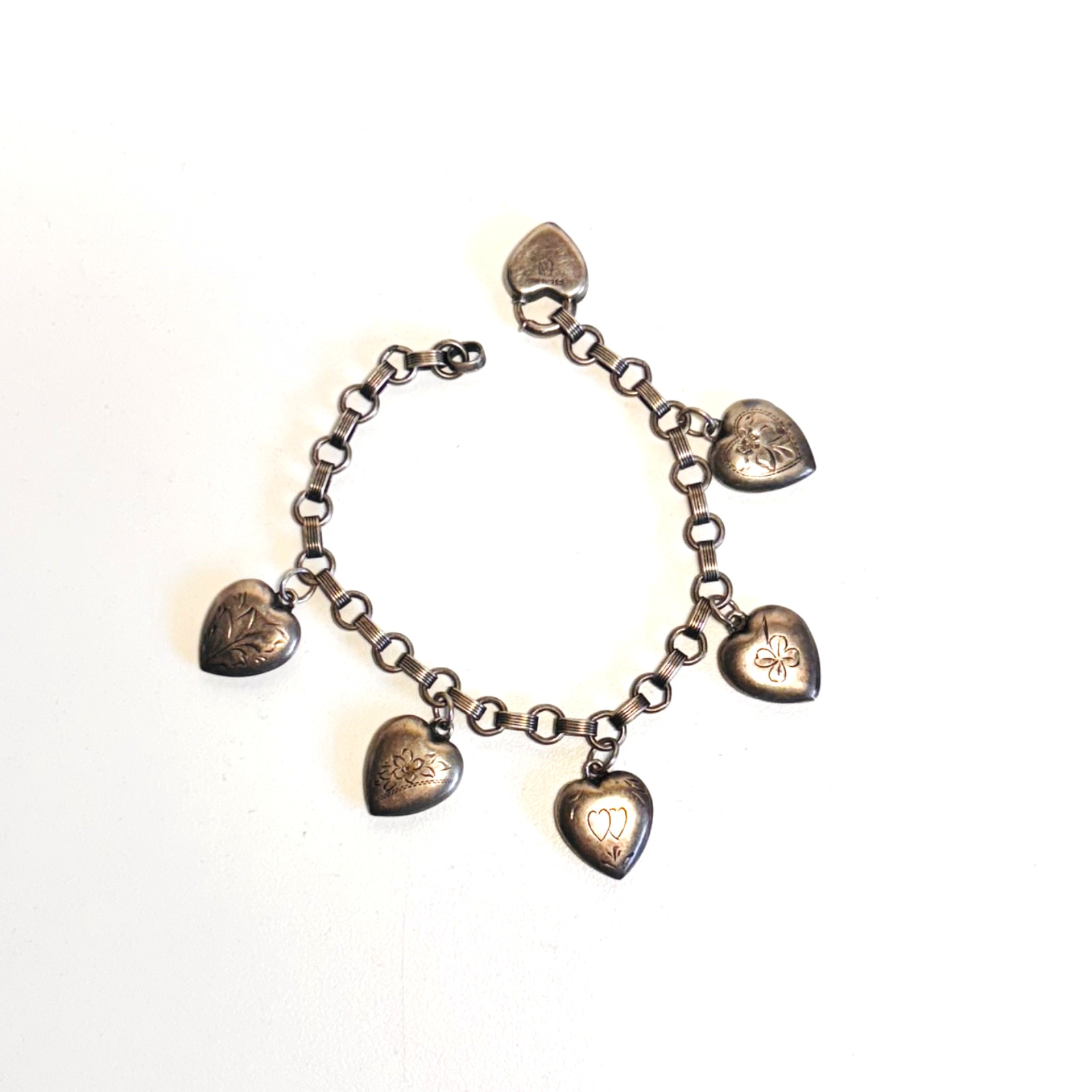 WALTER LAMPL Sterling silver bracelet puffy heart charm lock engraved vint 14.9g