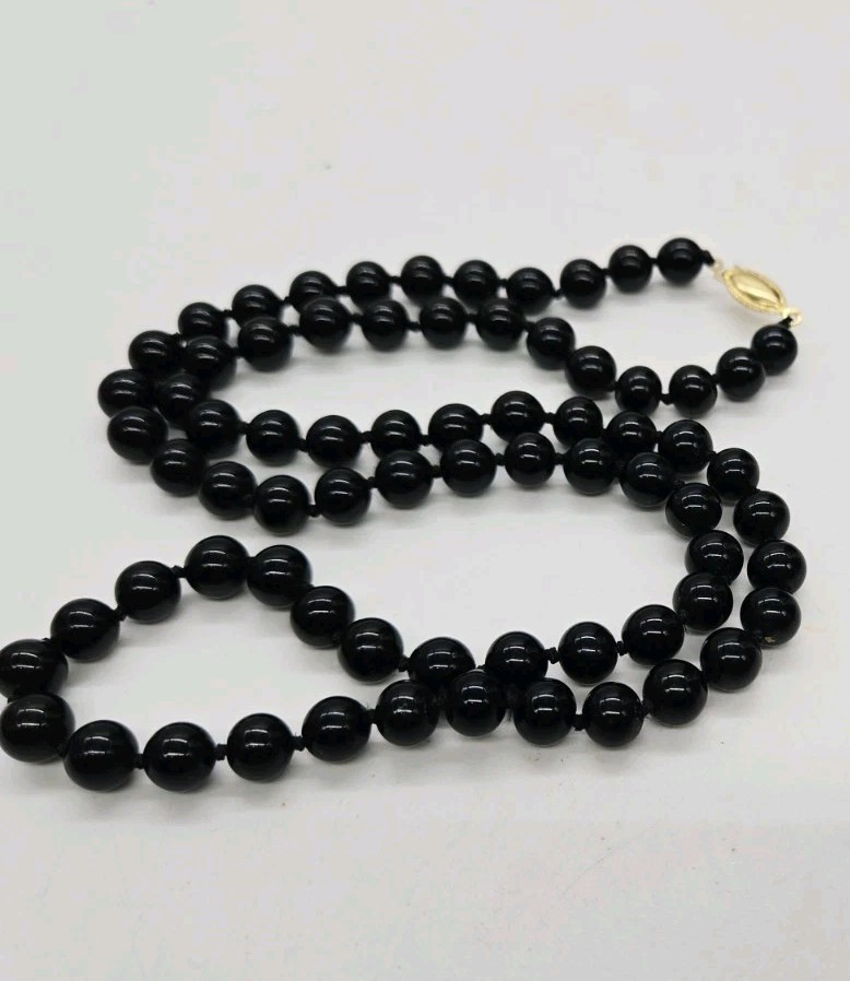 Black Glass Beaded Necklace Hand-Knotted MJ Signed Clasp Gold tone 26 in
