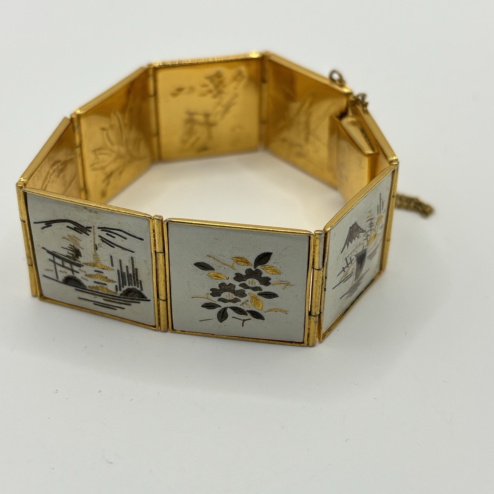 Vintage Amita Japan Damascene Panel Bracelet Gold Tone Scenic Floral Bird Motif