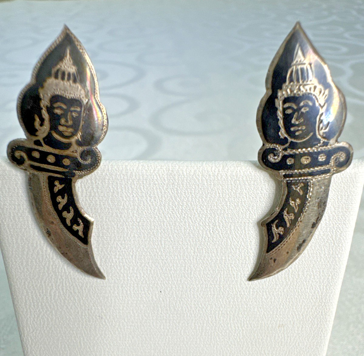 Vintage Siam Sterling Silver Sword Earrings Thai Dancer Screwback Niello 6.5g