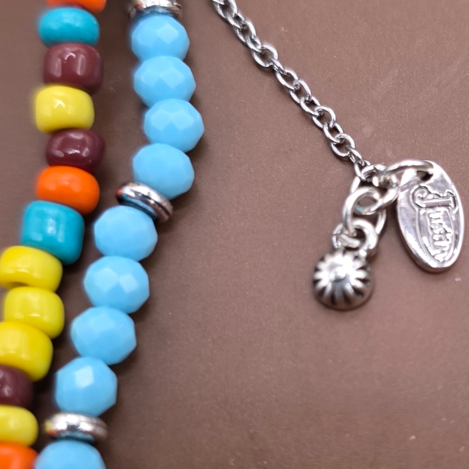 Boho Silver Bull Pendant Beaded Necklace in Turquoise & Orange