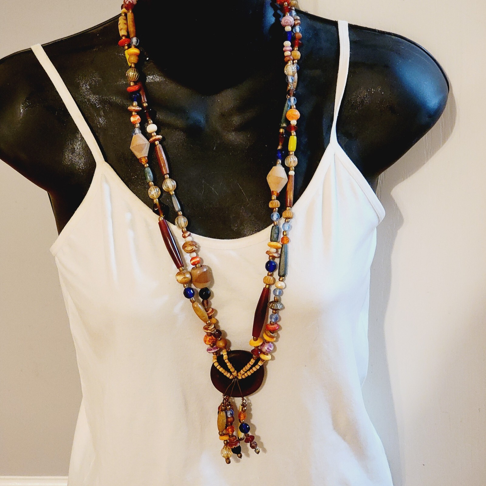 Tribal Beaded Necklace Pendant Colorful Mixed Materials Glass, Wood br01-02