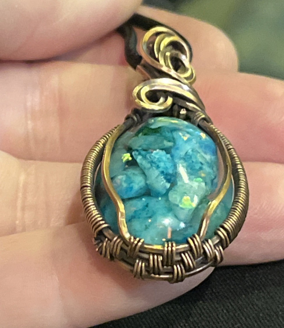 Blue Calcite (in resin)~ Handmade copper wire wrapped pendant 4b
