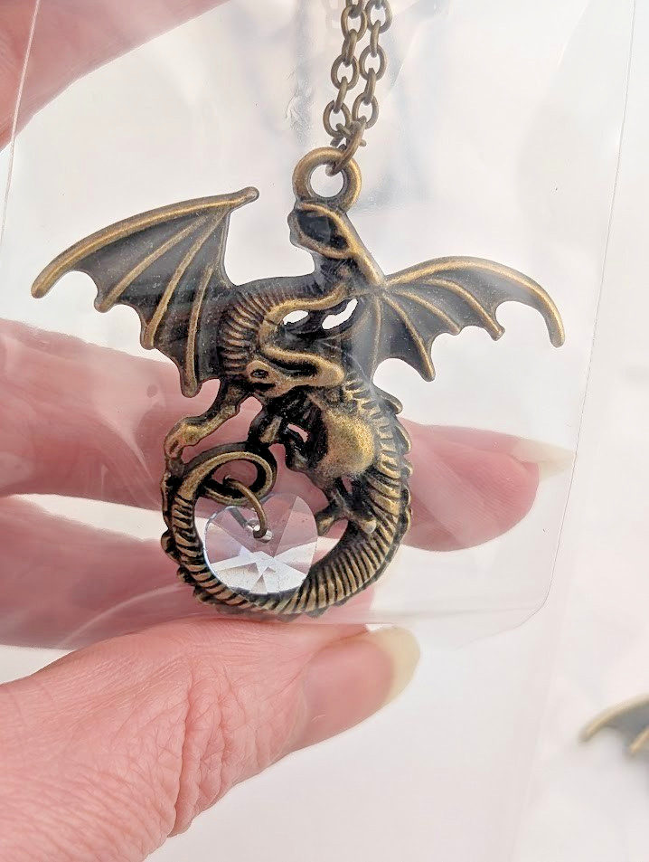 DRAGON & GLASS HEART BRONZE PENDANT NECKLACE gothic fantasy wyvern love charm E2