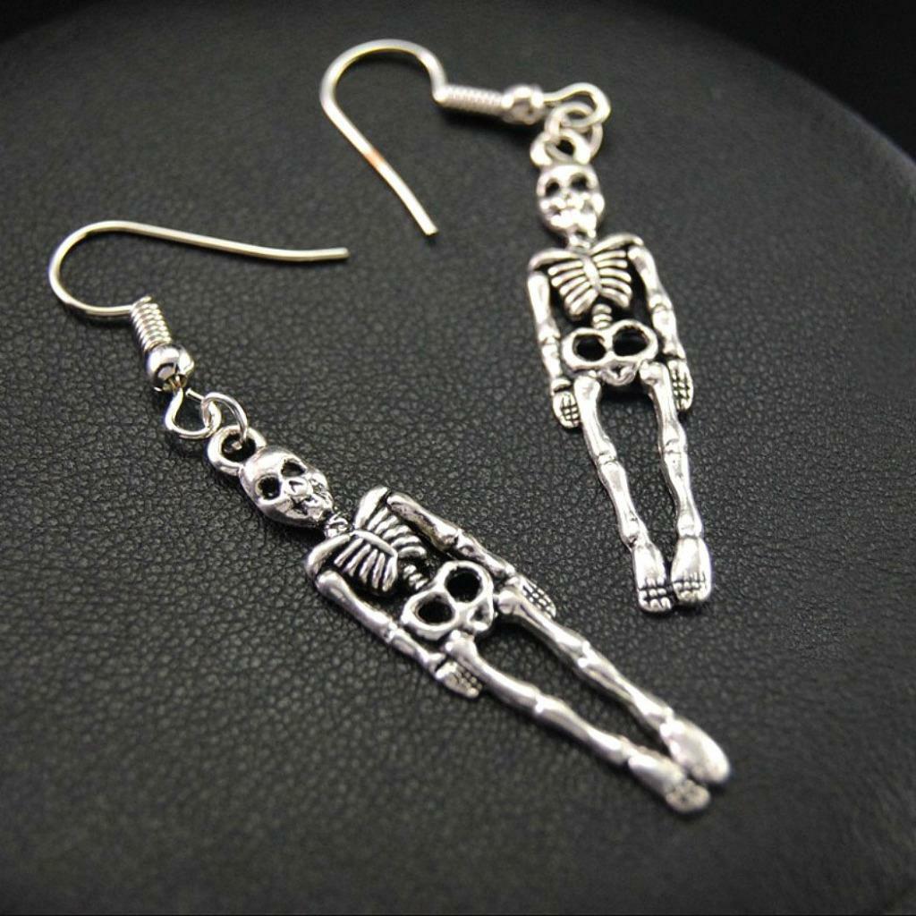SKELETON EARRINGS 2.4″ Halloween Skull Drop Dangle Stainless Steel Ear Wires NEW