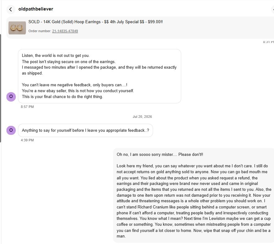 A personal write up about an eBay Purchase SCAMMER (User Name – oldpathbeliever)