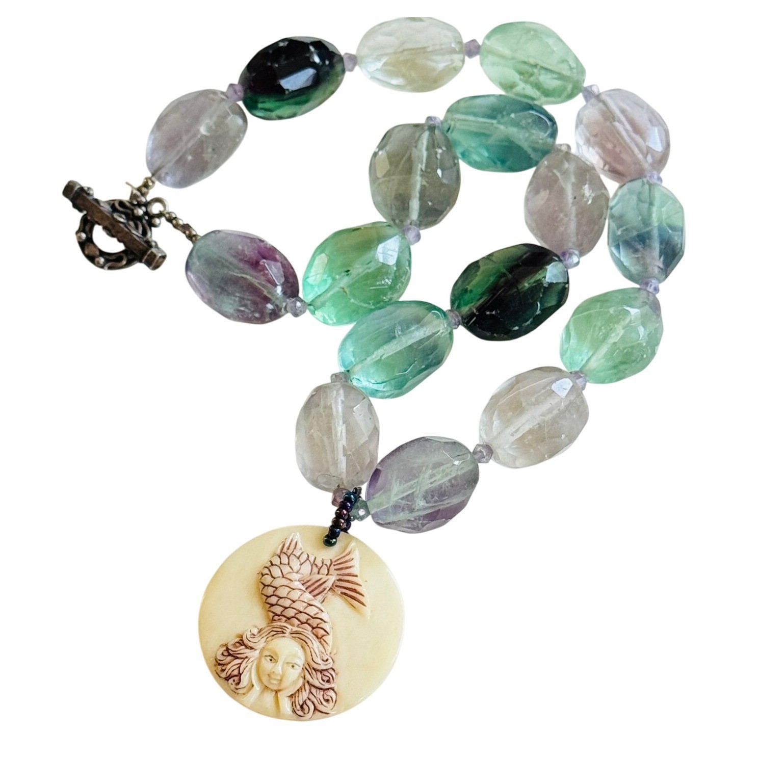 VTG Mermaid Rainbow Fluorite Necklace Natural Beads Whimsical sterling 925 18″