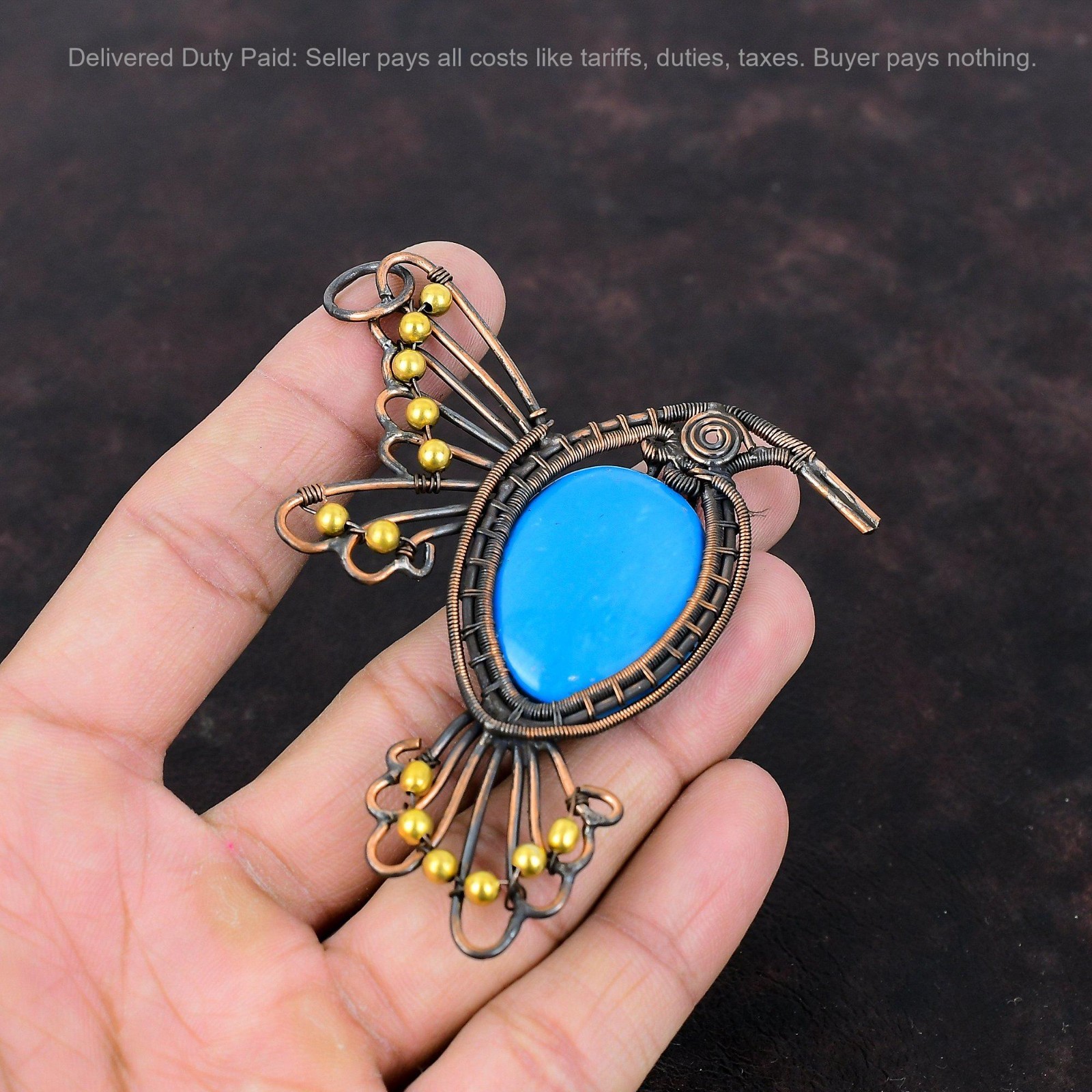 Copper Natural Sleeping Beauty Turquoise Boho Wire Wrapped Bird Pendant Jewelry