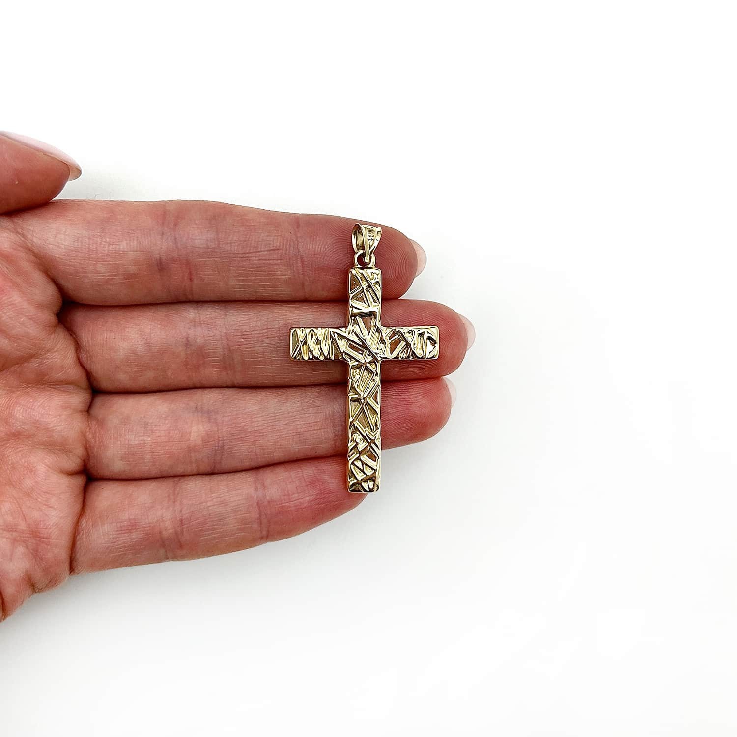 14K Real Gold Textured Cross Pendant 1.9″