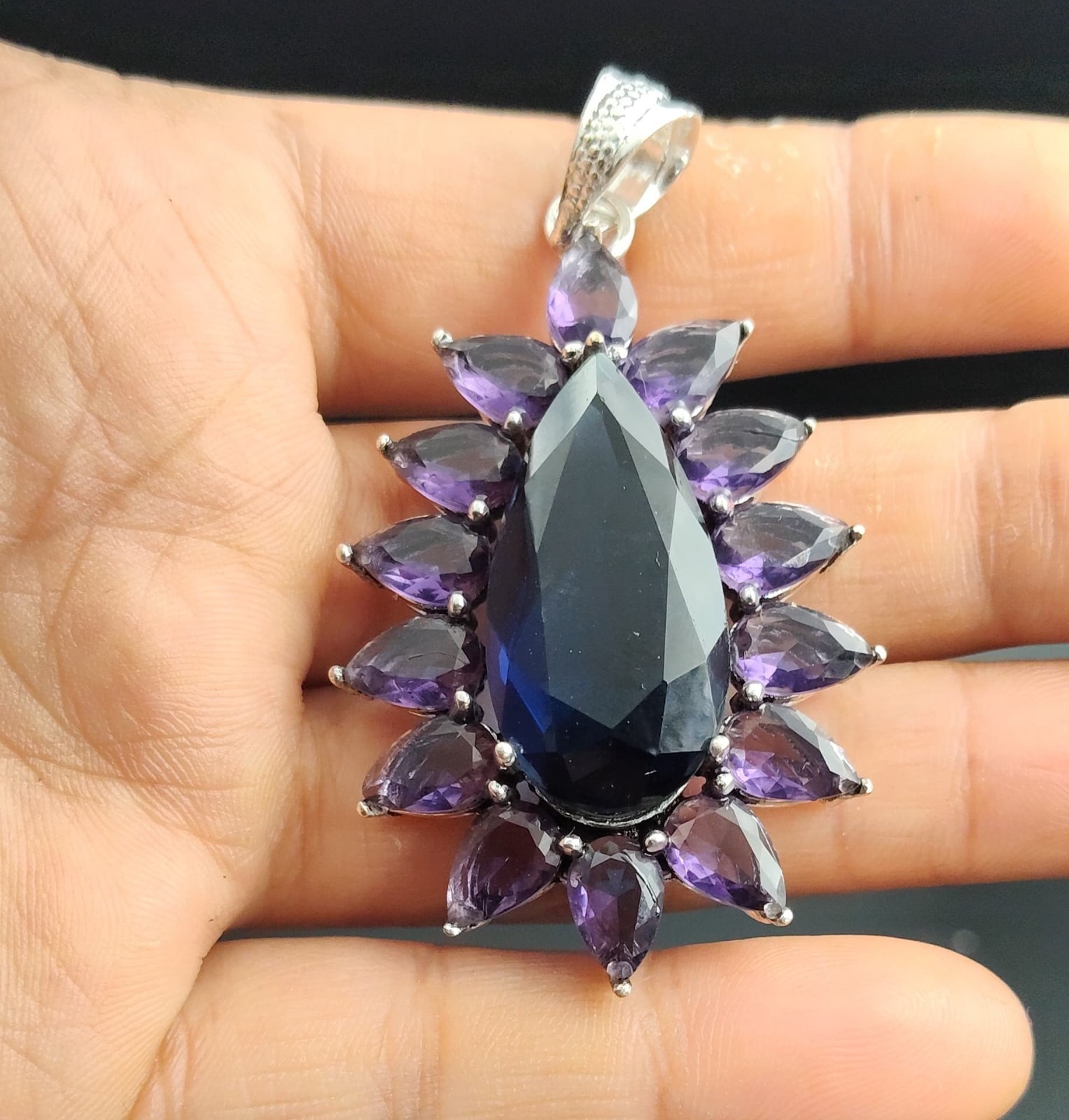 London Blue Topaz & Amethyst Gemstone Pendant 925 Sterling Silver Jewelry