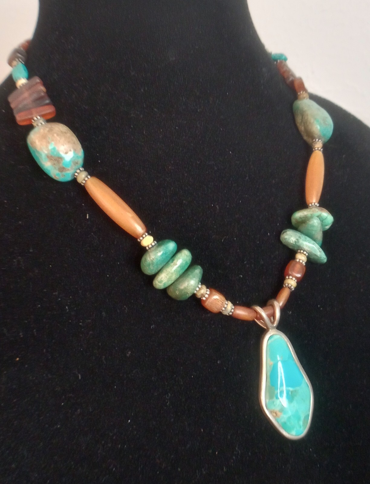 Signed BARSE .925 Sterling Silver Turquoise & Amber Necklace 52.55 Grams 18″ L