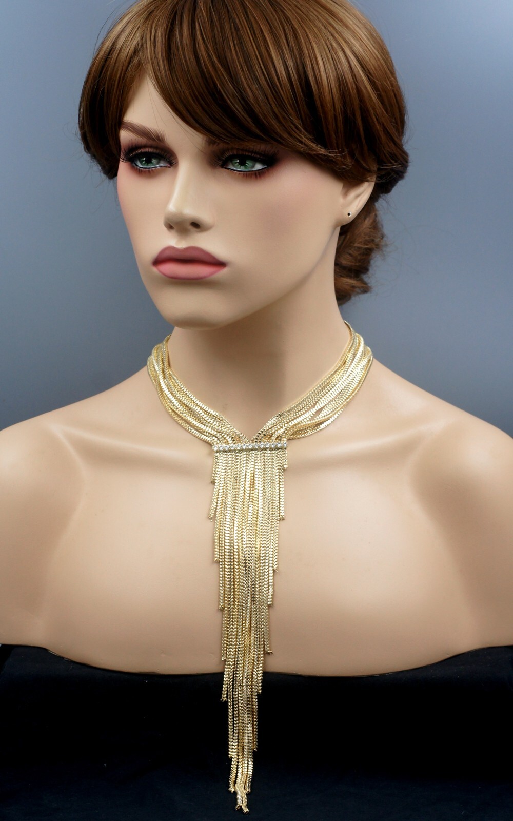 Women Gold Plated Crystal Layered Fringe Lariat Y-drop Necklace Choker 20284