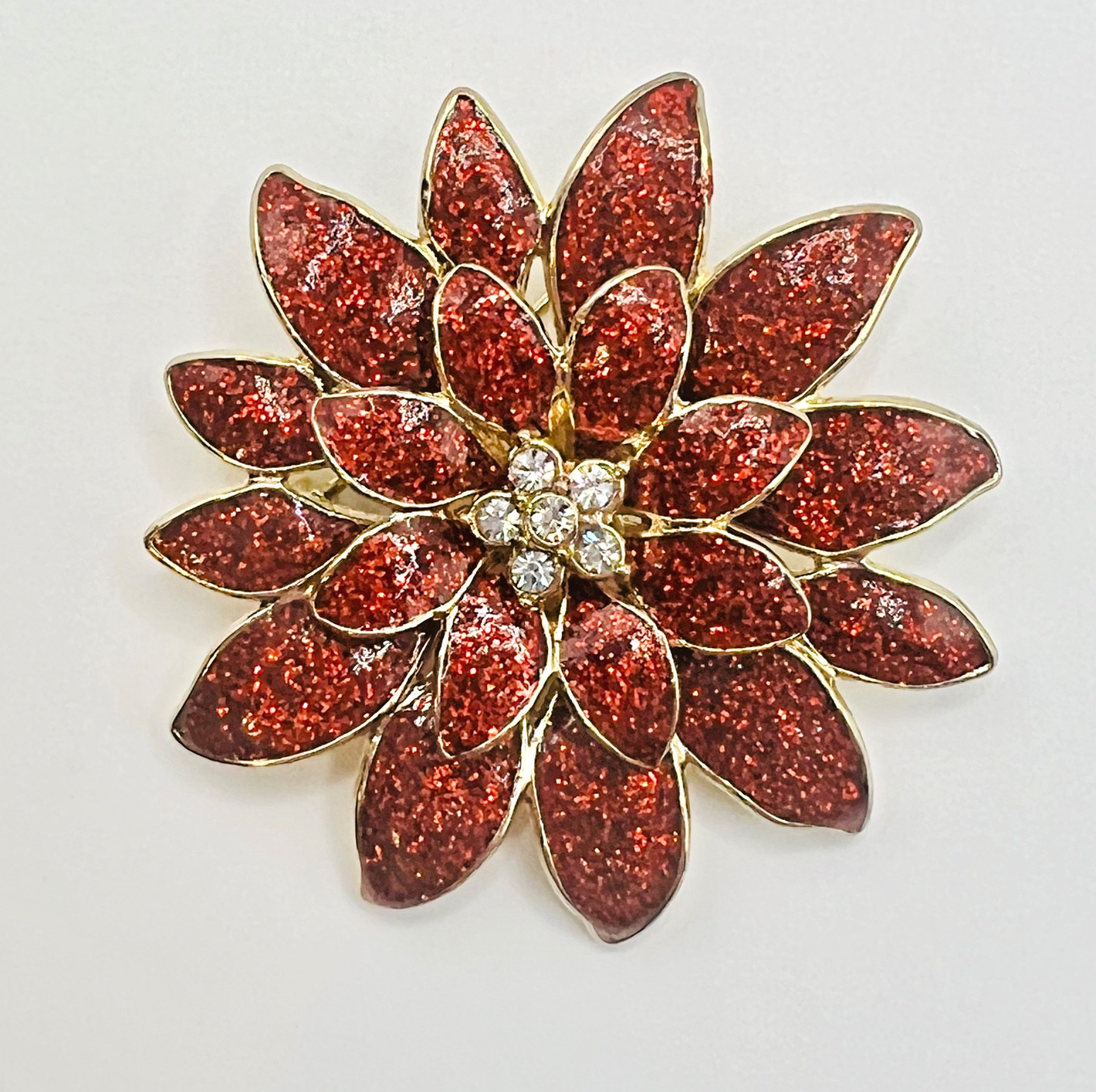 MACY’S HOLIDAY LANE Glitter Epoxy Christmas Poinsettia Brooch; Gold Tone Pin