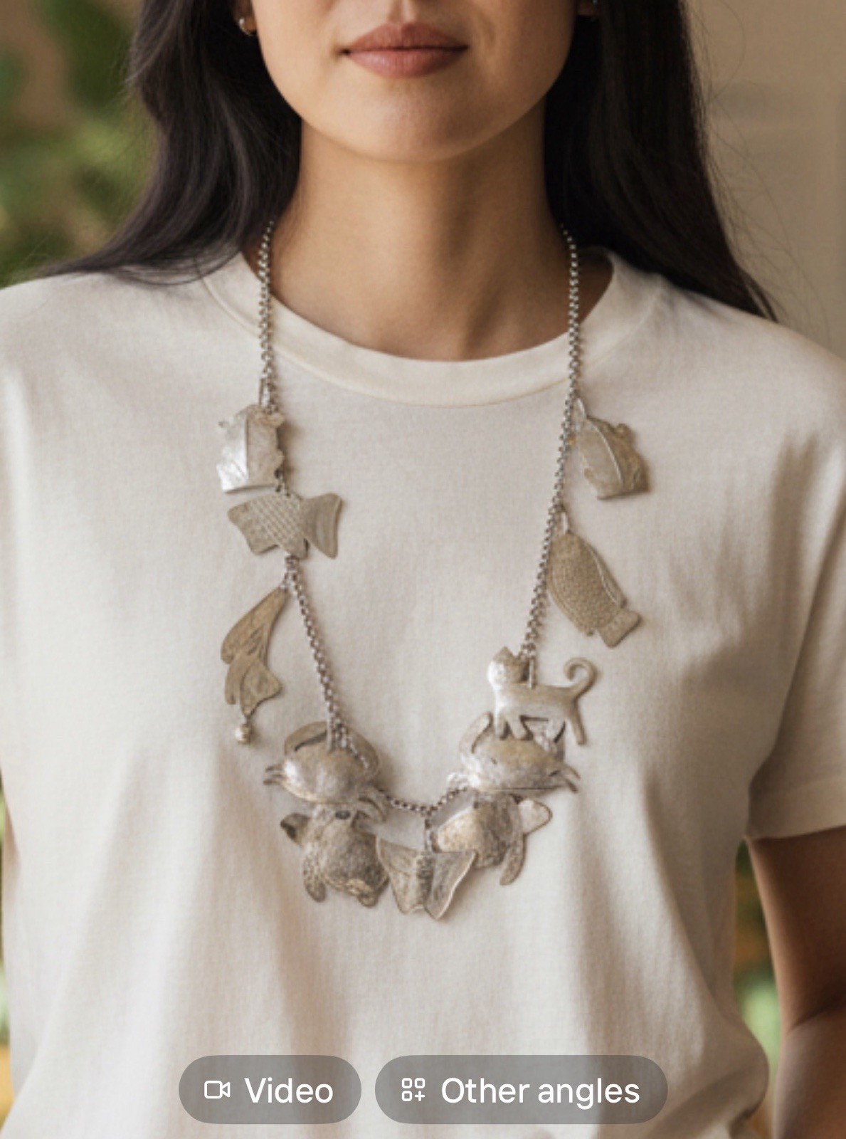 Vtg Thai style silver Necklace Fish, Crab. Cat Motif tribal coastal fun BOHO