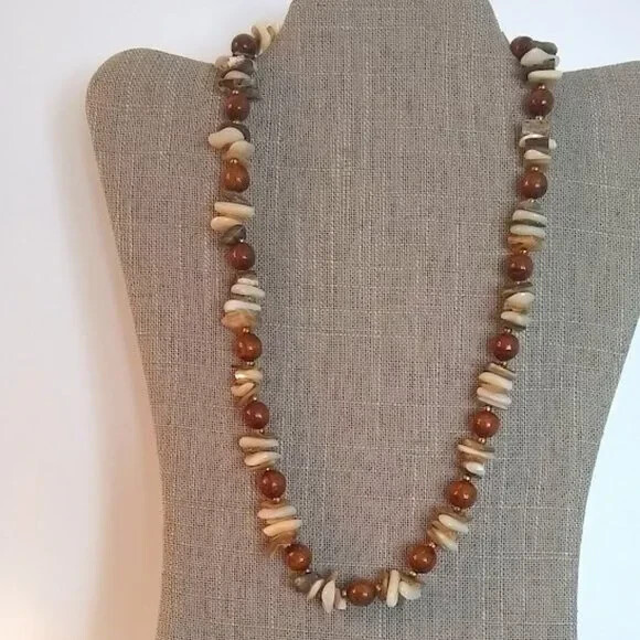 Vintage 70’s Natural Stone Chip & Wood Bead Necklace – 21 inches long